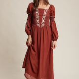 Embroidered Square Neck Puff Sleeve Maxi Dress