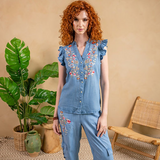 Tencel Embroidered Flutter Sleeve Top