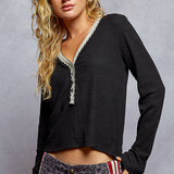 Lace Detail Long Sleeve V-neck