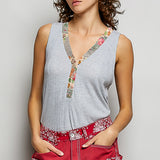V-neck Floral Trim Tank