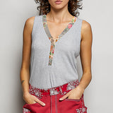 V-neck Floral Trim Tank