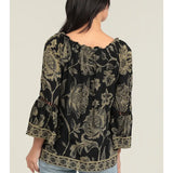 Crochet Lace Trim Bell Sleeve Printed Blouse
