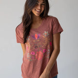 Boho Cotton Tee Shirt - Rust Folk Flower