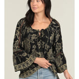 Crochet Lace Trim Bell Sleeve Printed Blouse