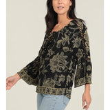 Crochet Lace Trim Bell Sleeve Printed Blouse