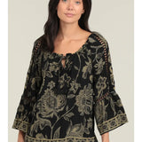Crochet Lace Trim Bell Sleeve Printed Blouse