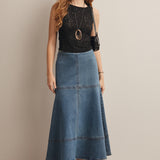 Panel Seam A-Line Denim Maxi Skirt