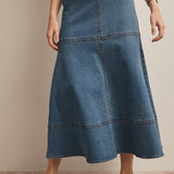 Panel Seam A-Line Denim Maxi Skirt