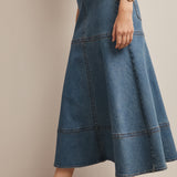 Panel Seam A-Line Denim Maxi Skirt