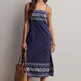 Embroidered Straight-Neck Cotton Midi Dress