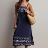 Embroidered Straight-Neck Cotton Midi Dress