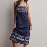 Embroidered Straight-Neck Cotton Midi Dress