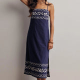 Embroidered Straight-Neck Cotton Midi Dress