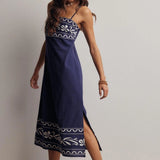 Embroidered Straight-Neck Cotton Midi Dress