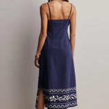 Embroidered Straight-Neck Cotton Midi Dress