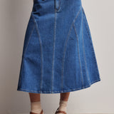 Paneled A-Line Stretch Denim Midi Skirt