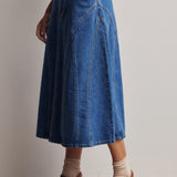 Paneled A-Line Stretch Denim Midi Skirt