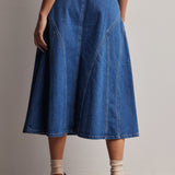 Paneled A-Line Stretch Denim Midi Skirt
