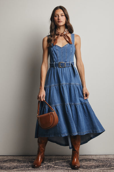 tiered denim maxi dress Medium Size:L (Sizes 10-12) Double Down on Denim! everyday way occasion dress