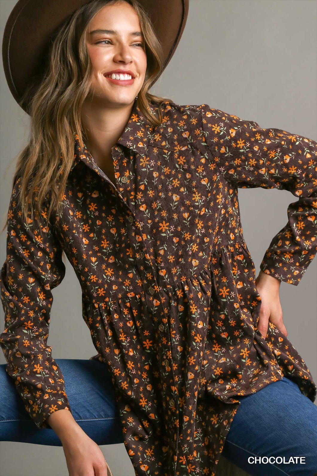 Floral Print Corduroy Button Down Baby Doll Top
