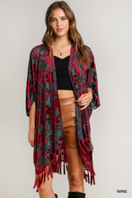 Load image into Gallery viewer, Two-Tone Floral Burnout Velvet with Tassel Fringe Kimono
