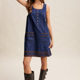 Embroidered Button-Front Denim Shift Dress