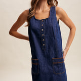 Embroidered Button-Front Denim Shift Dress