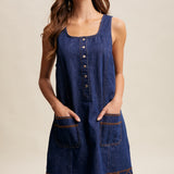 Embroidered Button-Front Denim Shift Dress