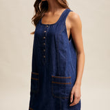 Embroidered Button-Front Denim Shift Dress