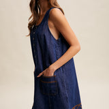 Embroidered Button-Front Denim Shift Dress