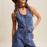 Scallop Button-Side Stretch Denim Shorts