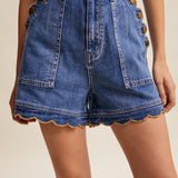 Scallop Button-Side Stretch Denim Shorts