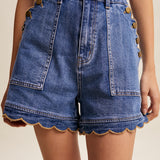 Scallop Button-Side Stretch Denim Shorts