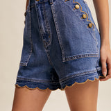 Scallop Button-Side Stretch Denim Shorts