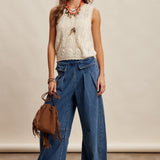 Pleated Wide-Leg Denim Pants