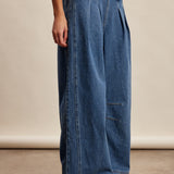 Pleated Wide-Leg Denim Pants