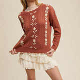 Floral Embroidered Cable Knit Sweater