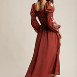 Embroidered Square Neck Puff Sleeve Maxi Dress