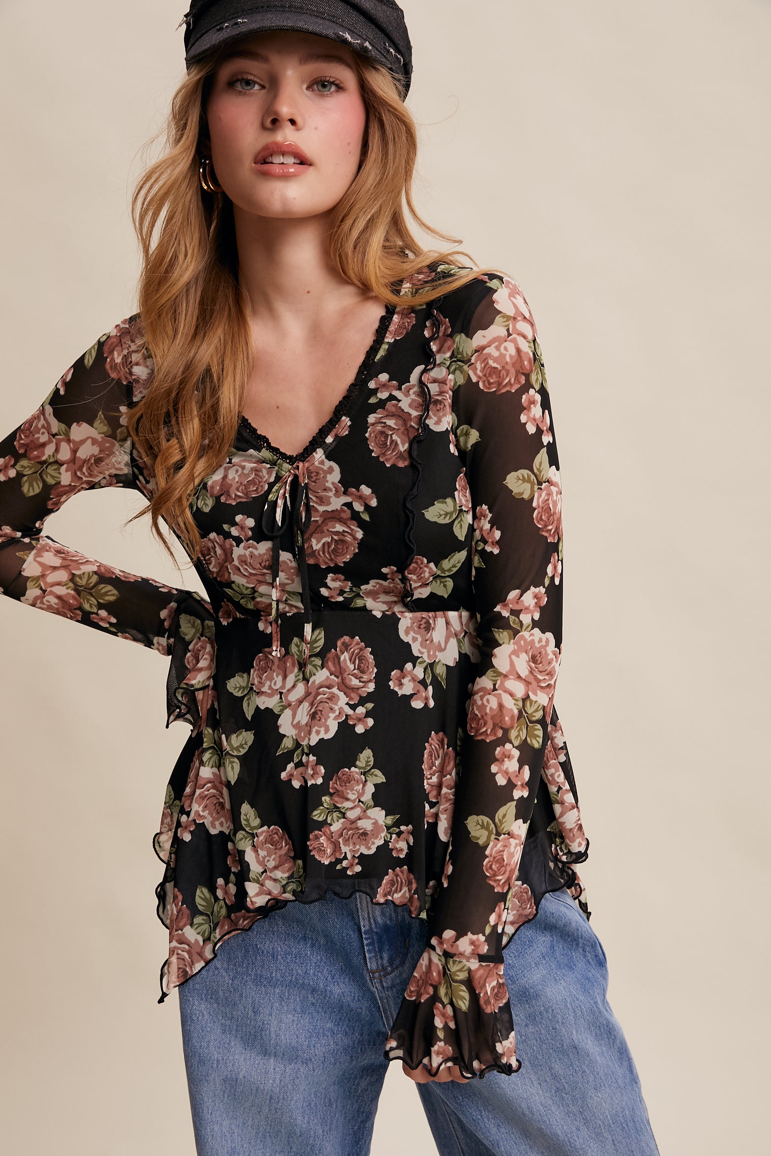 Floral Mesh Handkerchief Blouse