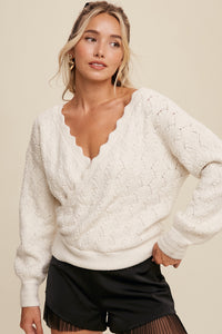Pointelle Knit Wrap Style Pullover Sweater
