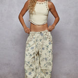 Cream Floral Wide Leg Pants