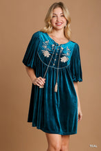 Load image into Gallery viewer, Velvet Balloon Sleeve Dress with Embroidery &amp; Tassel
