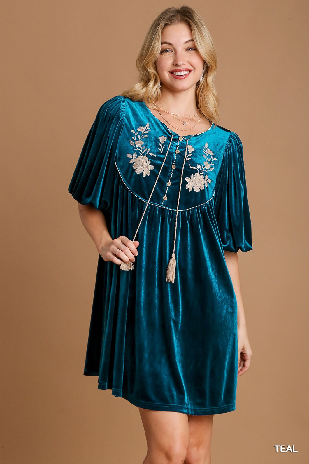 Velvet Balloon Sleeve Dress with Embroidery & Tassel