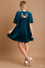 Load image into Gallery viewer, Velvet Balloon Sleeve Dress with Embroidery &amp; Tassel
