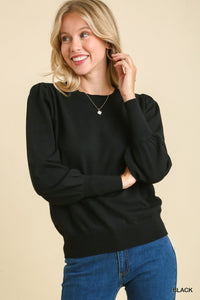 Round Neck Knit Pullover Sweater with Puff Long Sleeves
