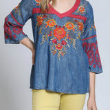 Floral Embroidered V-Neck Pullover
