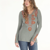 Embroidered Thermal Long Sleeve V-Neck