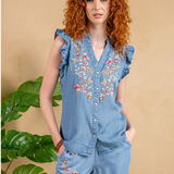 Tencel Embroidered Flutter Sleeve Top