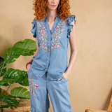 Tencel Embroidered Flutter Sleeve Top