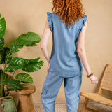 Tencel Embroidered Flutter Sleeve Top